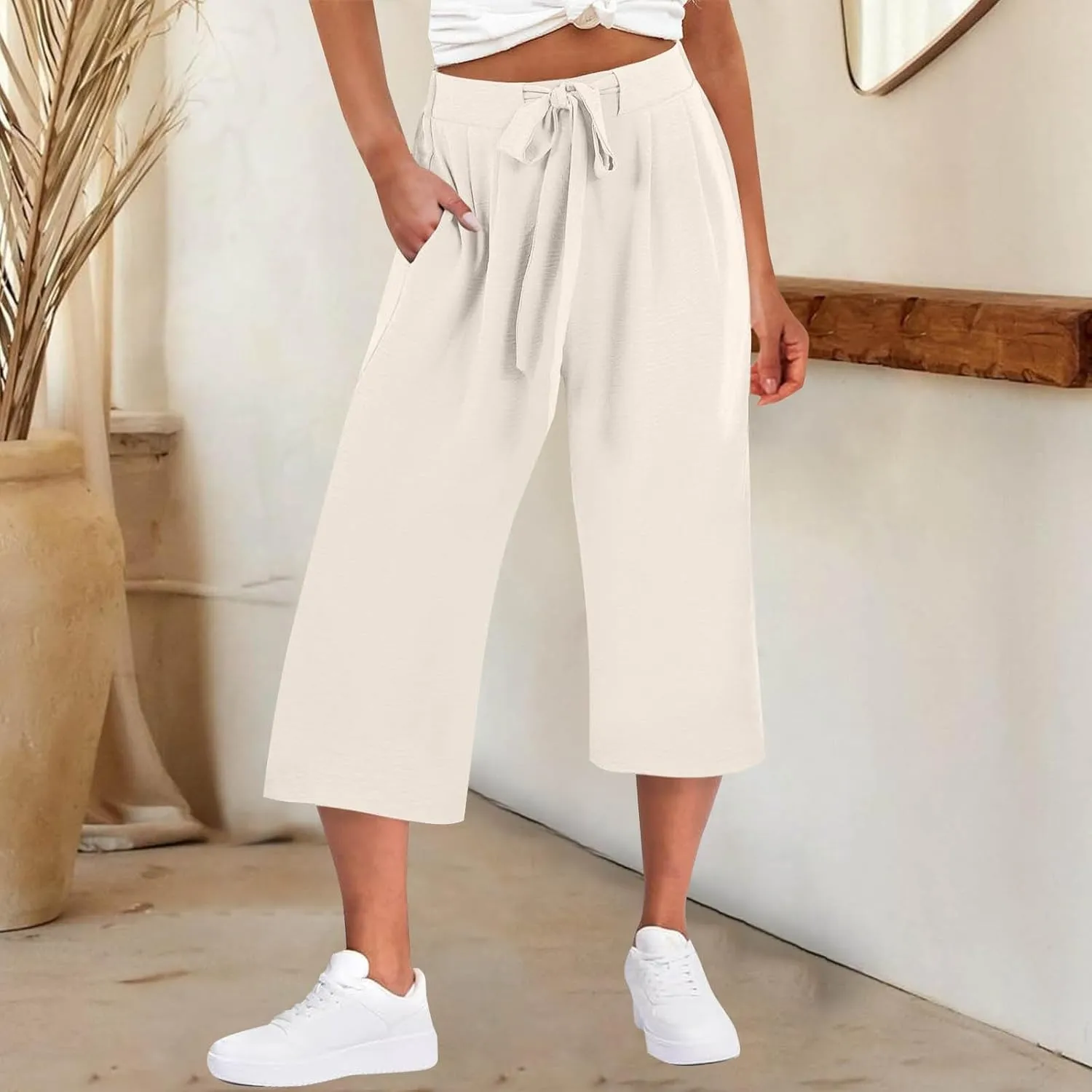Womens Flowy Linen Pants with Pockets Casual Palazzo Trousers for Women Ladies Wide Leg Beach Loose Capris Flare Pant