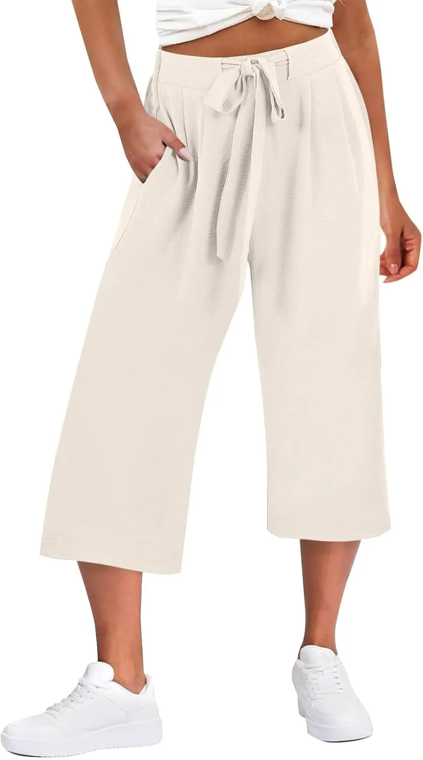 Womens Flowy Linen Pants with Pockets Casual Palazzo Trousers for Women Ladies Wide Leg Beach Loose Capris Flare Pant