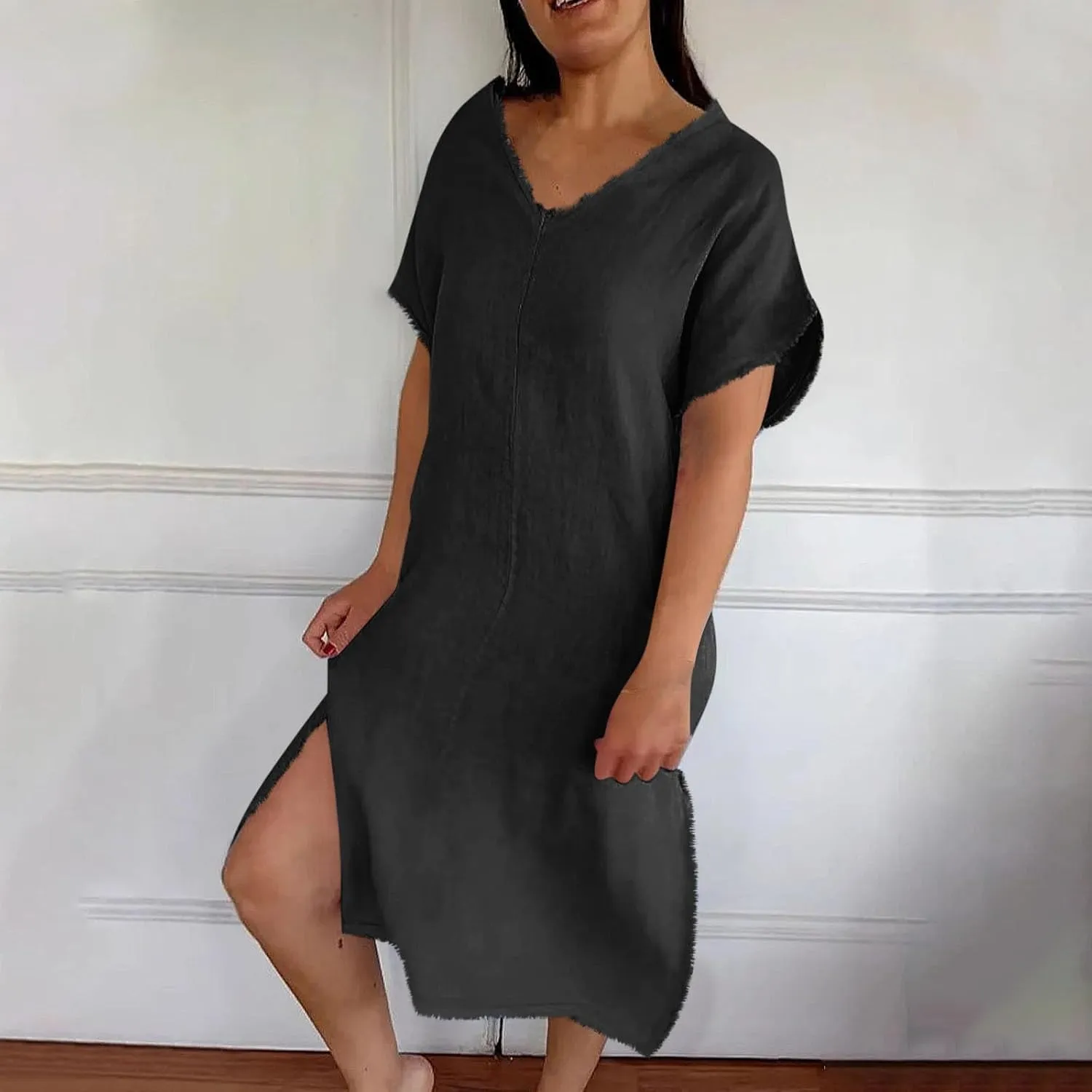 Women's Flowy Summer Dress 2025 Trendy Short Sleeve V Neck Swing Dresses Fashion Smooth Side Split Dresses