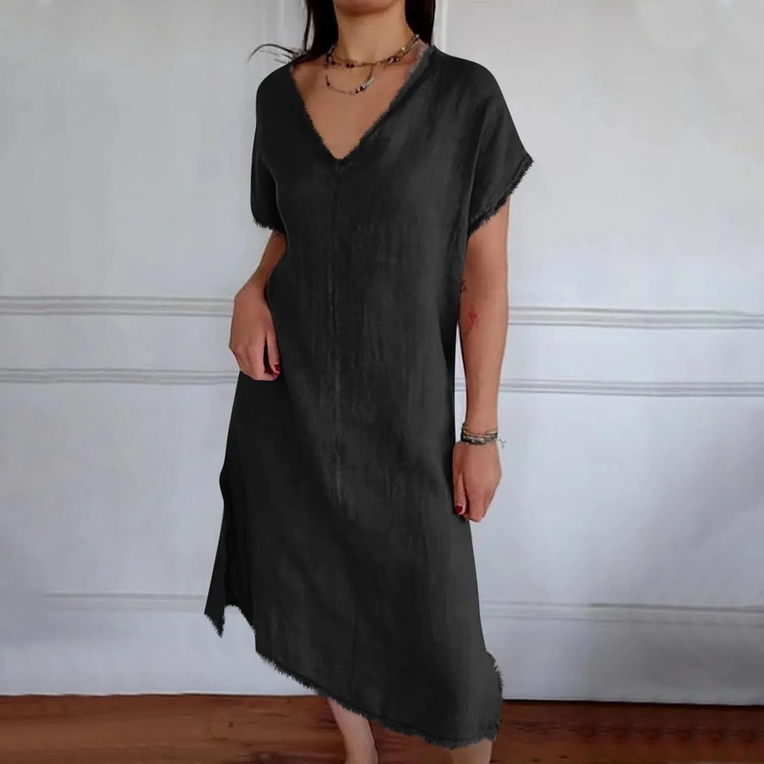 Women's Flowy Summer Dress 2025 Trendy Short Sleeve V Neck Swing Dresses Fashion Smooth Side Split Dresses