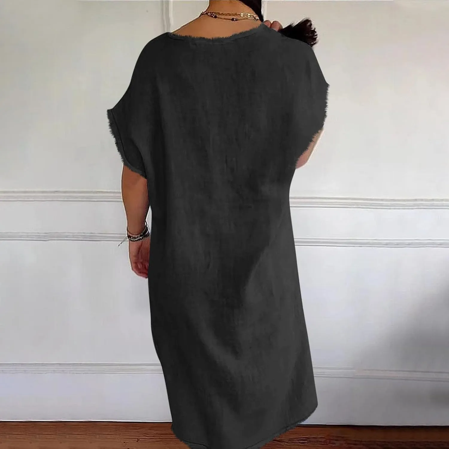Women's Flowy Summer Dress 2025 Trendy Short Sleeve V Neck Swing Dresses Fashion Smooth Side Split Dresses