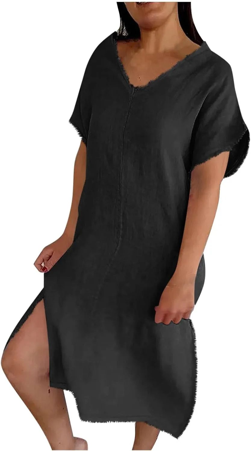 Women's Flowy Summer Dress 2025 Trendy Short Sleeve V Neck Swing Dresses Fashion Smooth Side Split Dresses