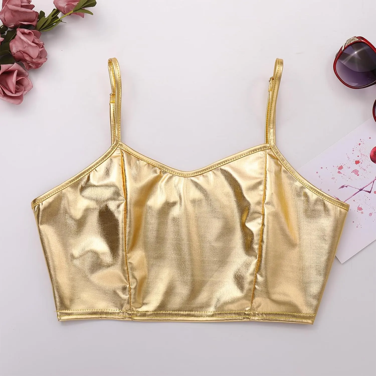 Womens Holographic Metallic Shiny Off Shoulder Crop Top Bustier Tube Top Blouse Rave Causal Strapless Basic Sexy Vest