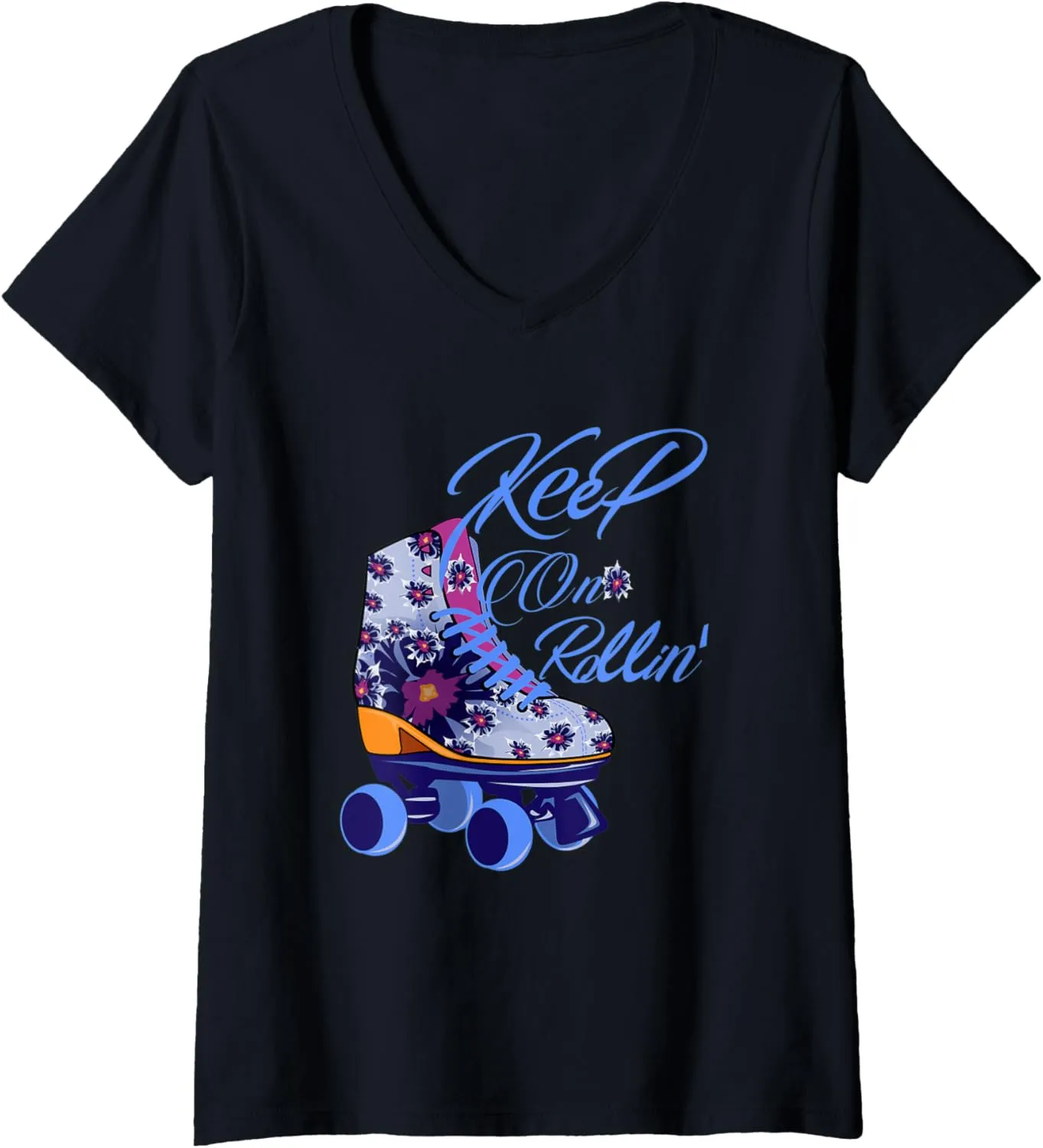 Womens Kawaii Rollin' Floral Roller Skates Shoes Skater Girl Gift V-Neck T-Shirt