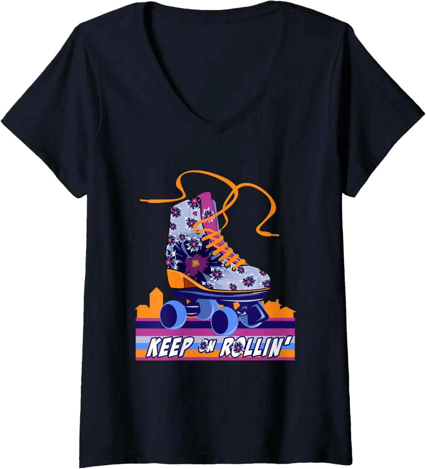 Womens Kawaii Rollin' Floral Roller Skates Shoes Skater Girl Gift V-Neck T-Shirt
