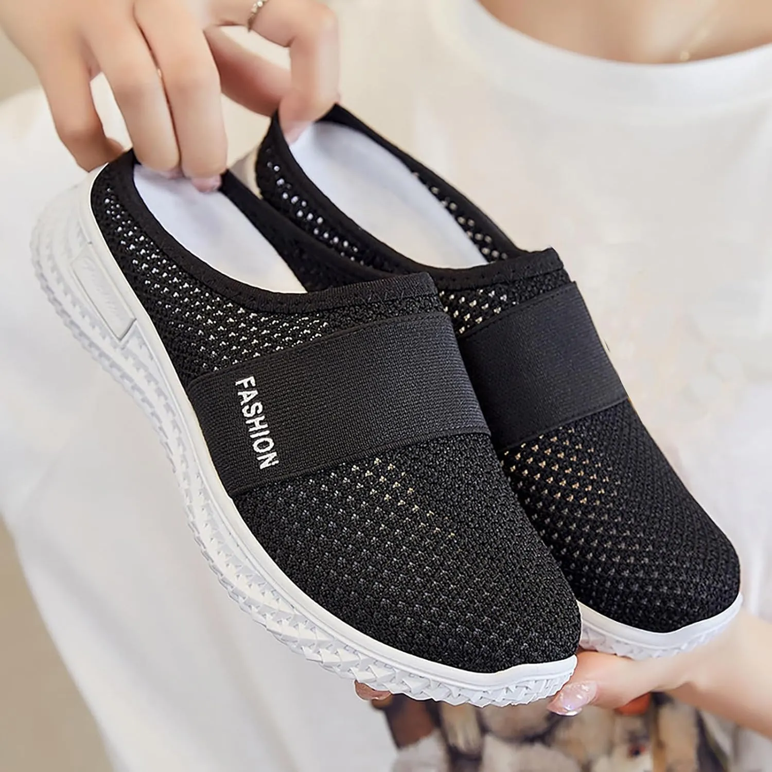 Womens Knit Mesh Flat Mules Summer Backless Sneakers Breathable Slip-on Outdoor Walking Slippers, Mesh Fabric Non-Slip Soft Sole Sandals All Day Comfort