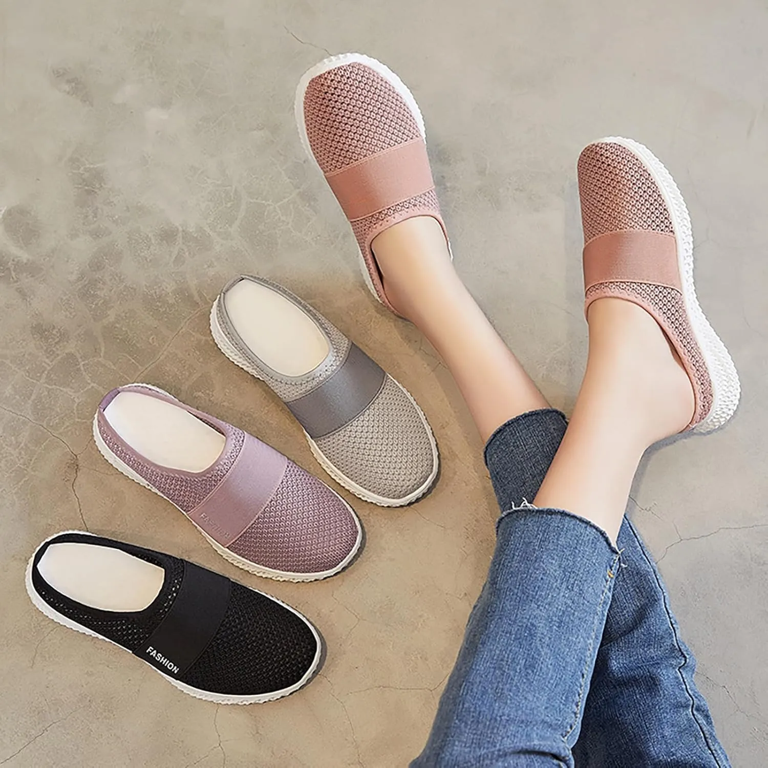 Womens Knit Mesh Flat Mules Summer Backless Sneakers Breathable Slip-on Outdoor Walking Slippers, Mesh Fabric Non-Slip Soft Sole Sandals All Day Comfort