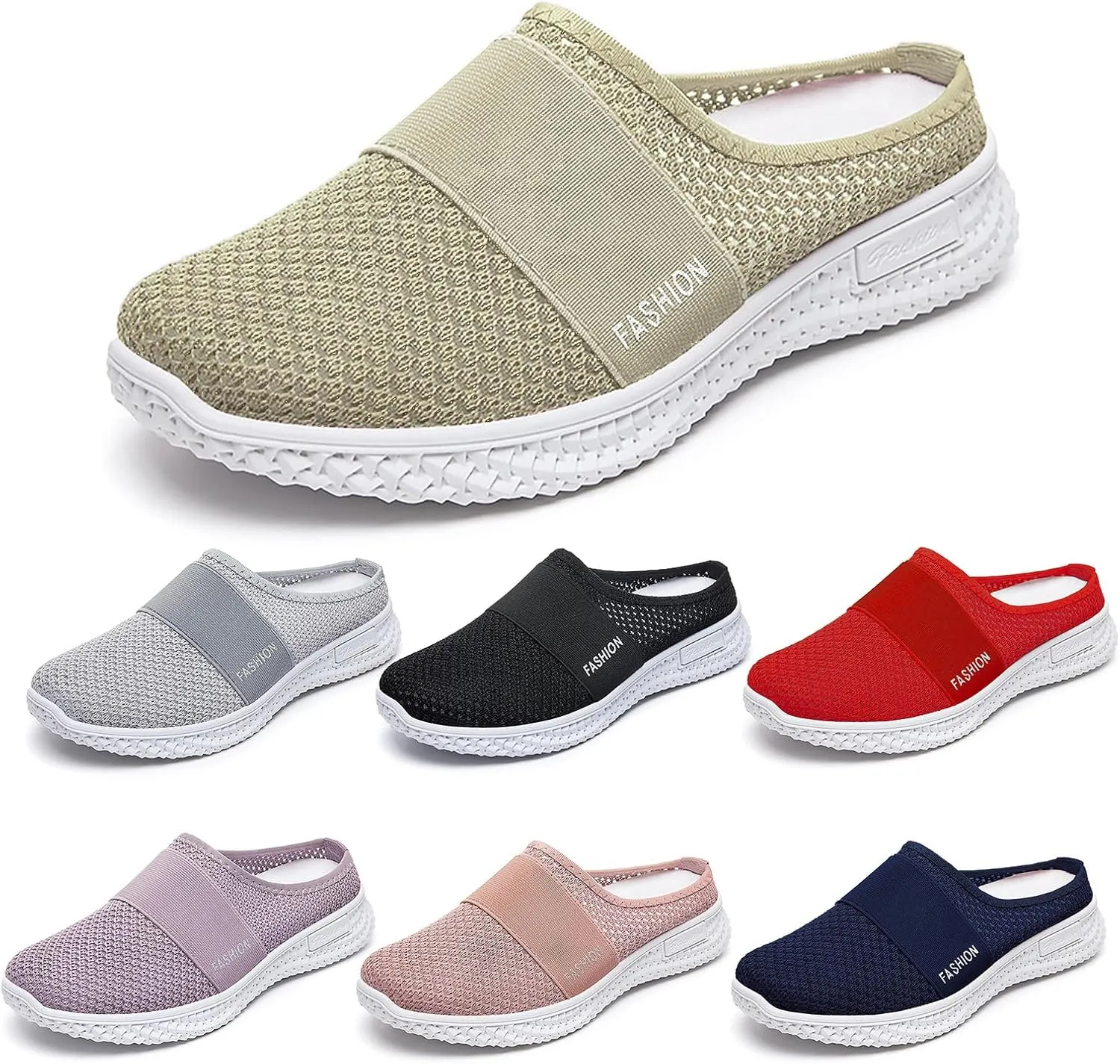Womens Knit Mesh Flat Mules Summer Backless Sneakers Breathable Slip-on Outdoor Walking Slippers, Mesh Fabric Non-Slip Soft Sole Sandals All Day Comfort
