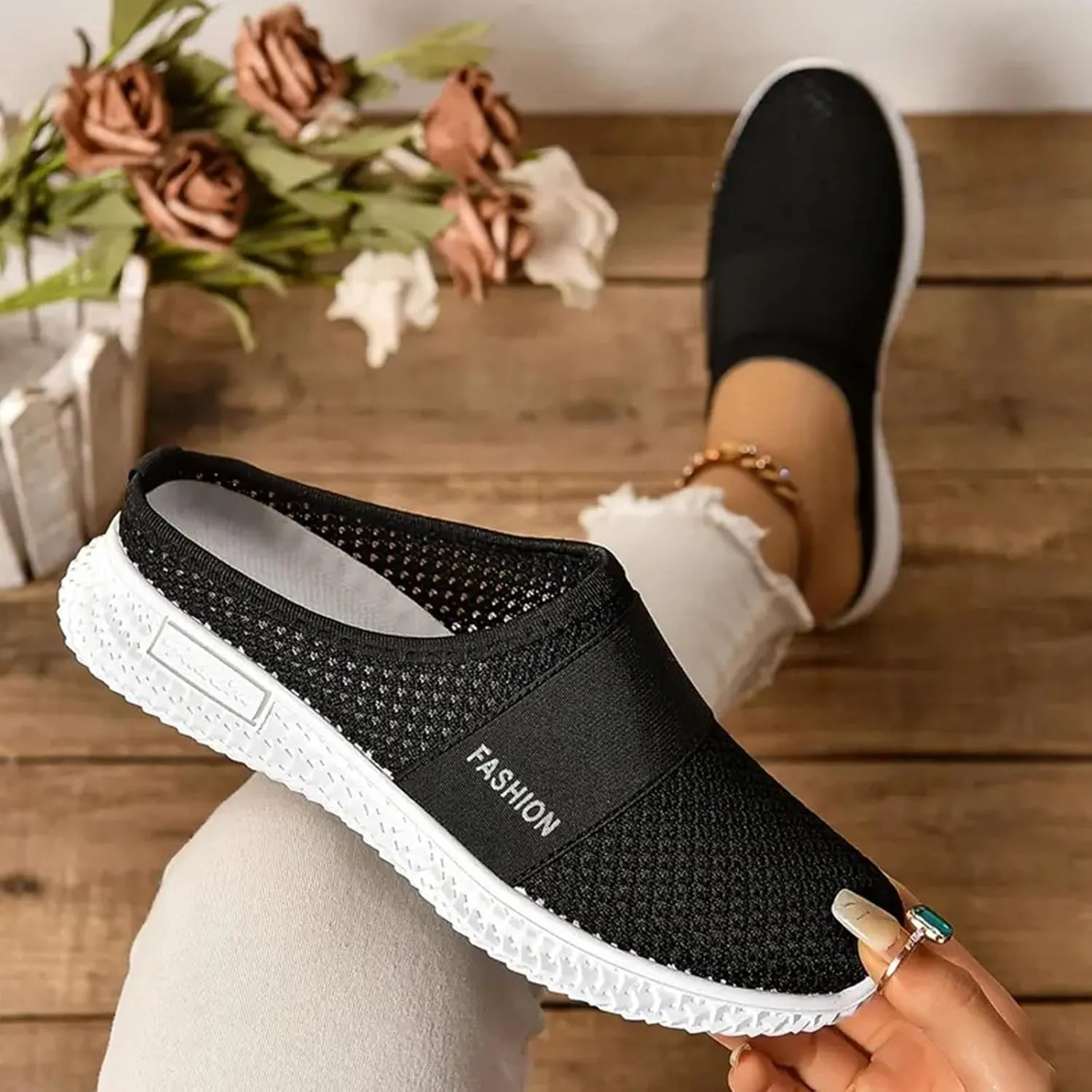 Womens Knit Mesh Flat Mules Summer Backless Sneakers Breathable Slip-on Outdoor Walking Slippers, Mesh Fabric Non-Slip Soft Sole Sandals All Day Comfort