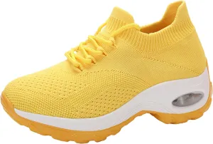 Women's Knitted Platform Air Cushion Walking Shoe Round Toe Lace-Up Comfortable Breathable Mesh Sneakers