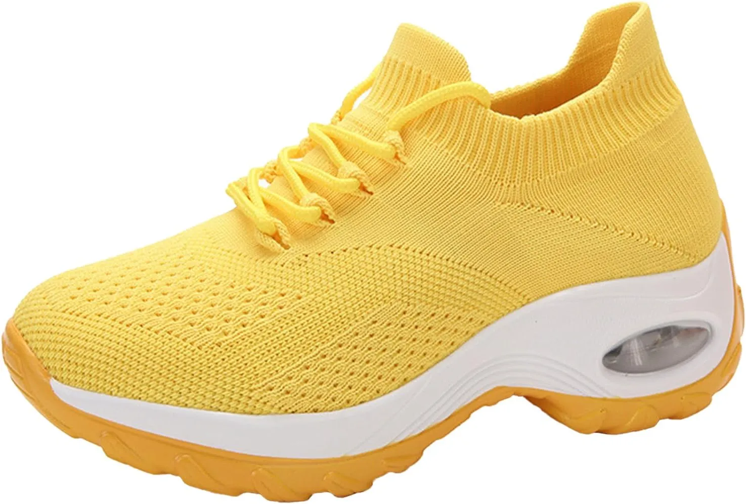 Women's Knitted Platform Air Cushion Walking Shoe Round Toe Lace-Up Comfortable Breathable Mesh Sneakers