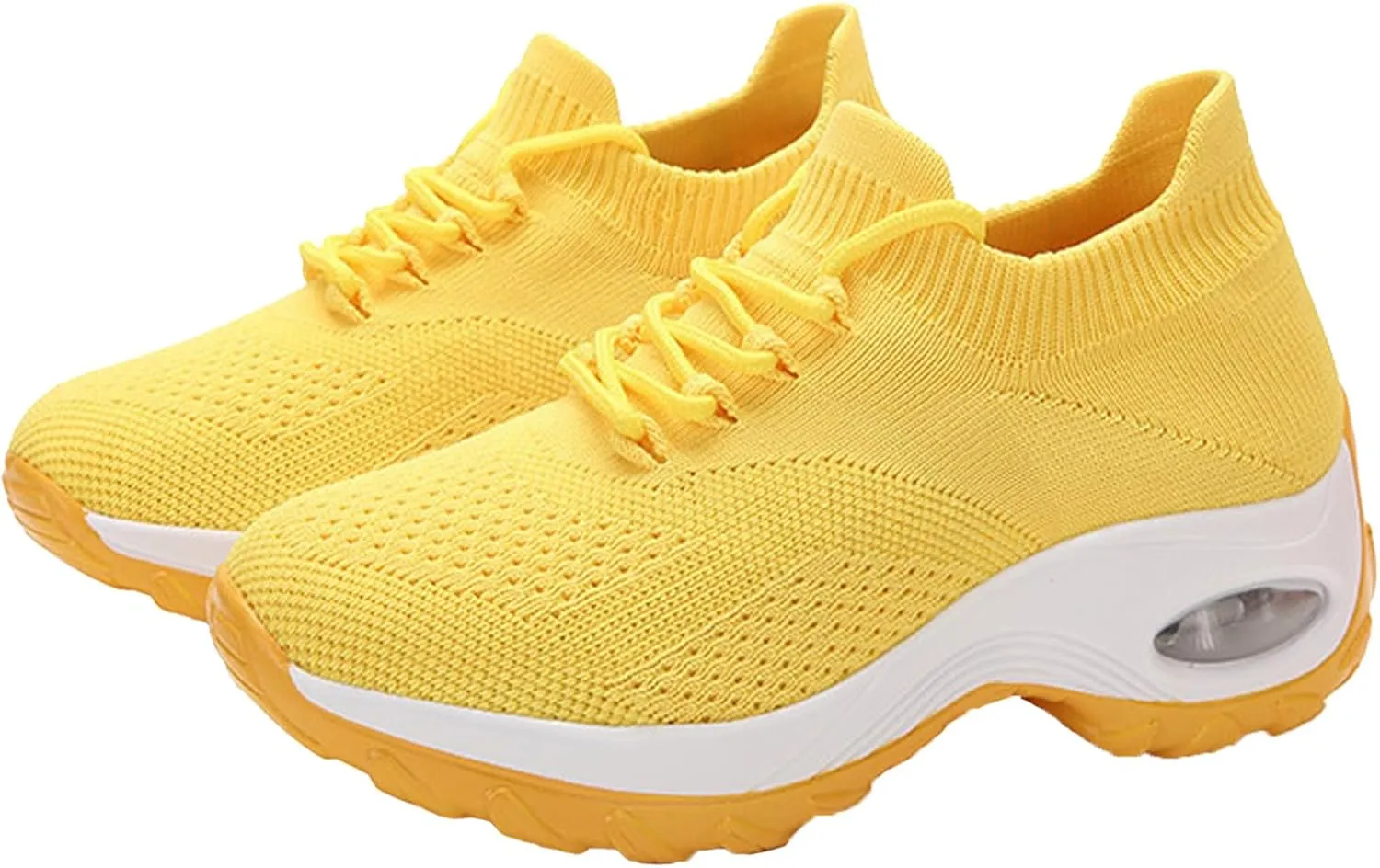 Women's Knitted Platform Air Cushion Walking Shoe Round Toe Lace-Up Comfortable Breathable Mesh Sneakers