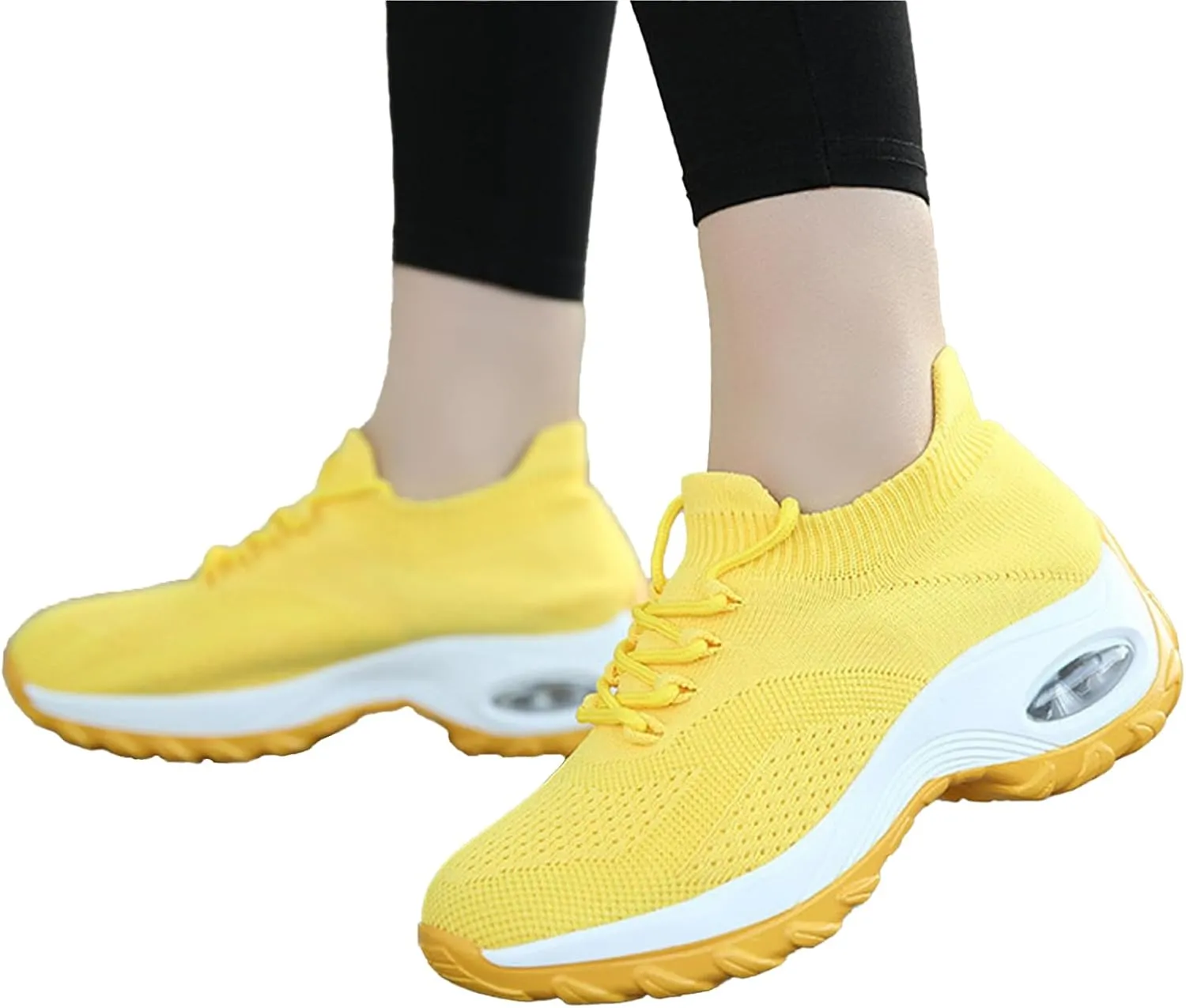 Women's Knitted Platform Air Cushion Walking Shoe Round Toe Lace-Up Comfortable Breathable Mesh Sneakers