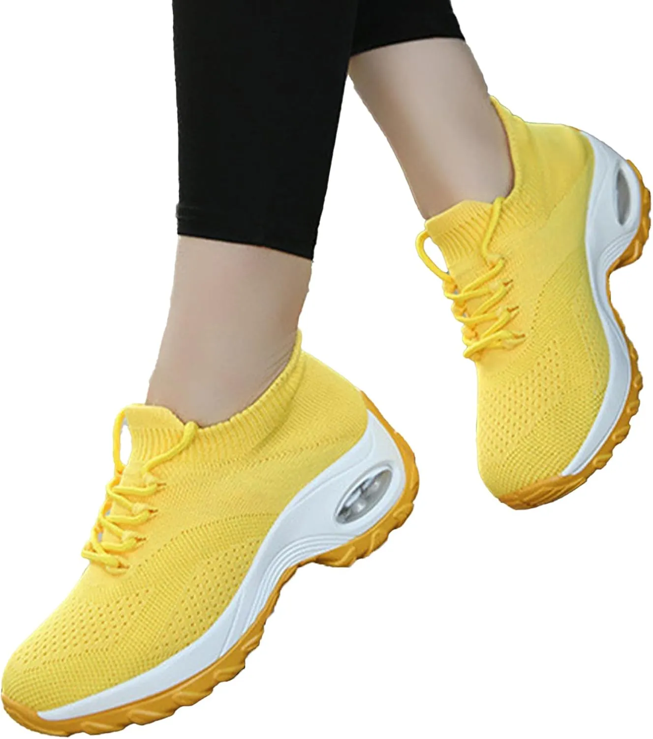 Women's Knitted Platform Air Cushion Walking Shoe Round Toe Lace-Up Comfortable Breathable Mesh Sneakers