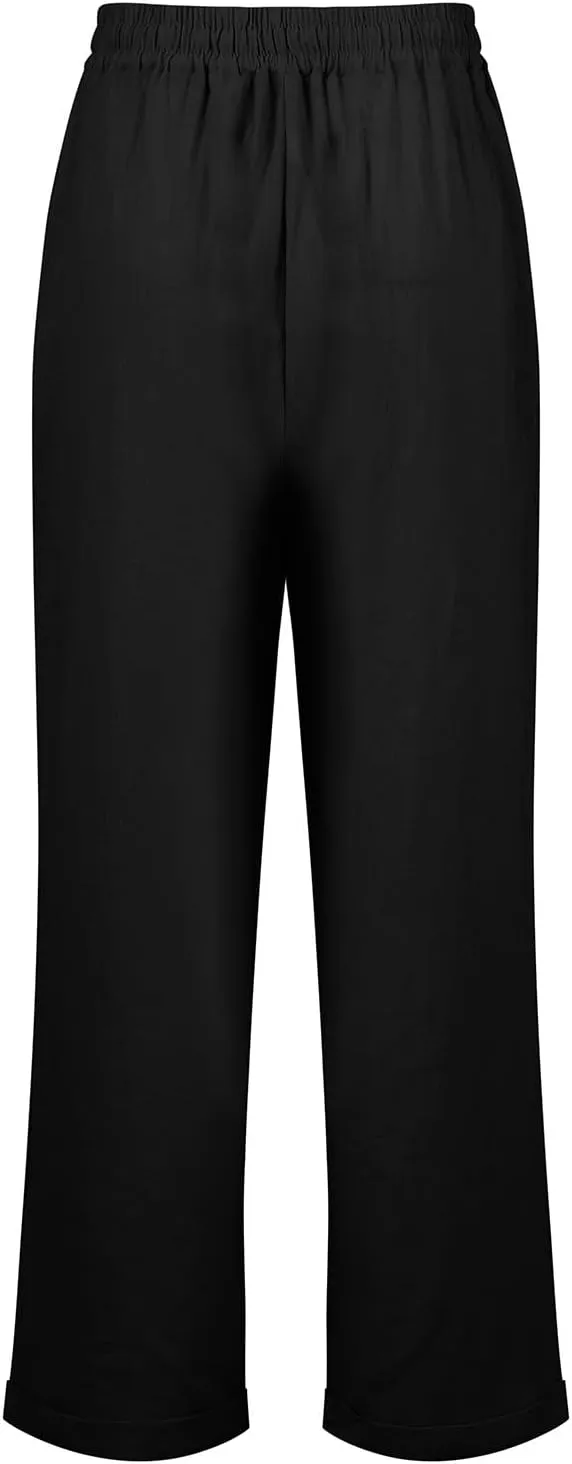 Womens Linen Cropped Pants High Waisted Summer Beach Pants Elastic Waist Tapered Pants Casual Ankle Length Trousers