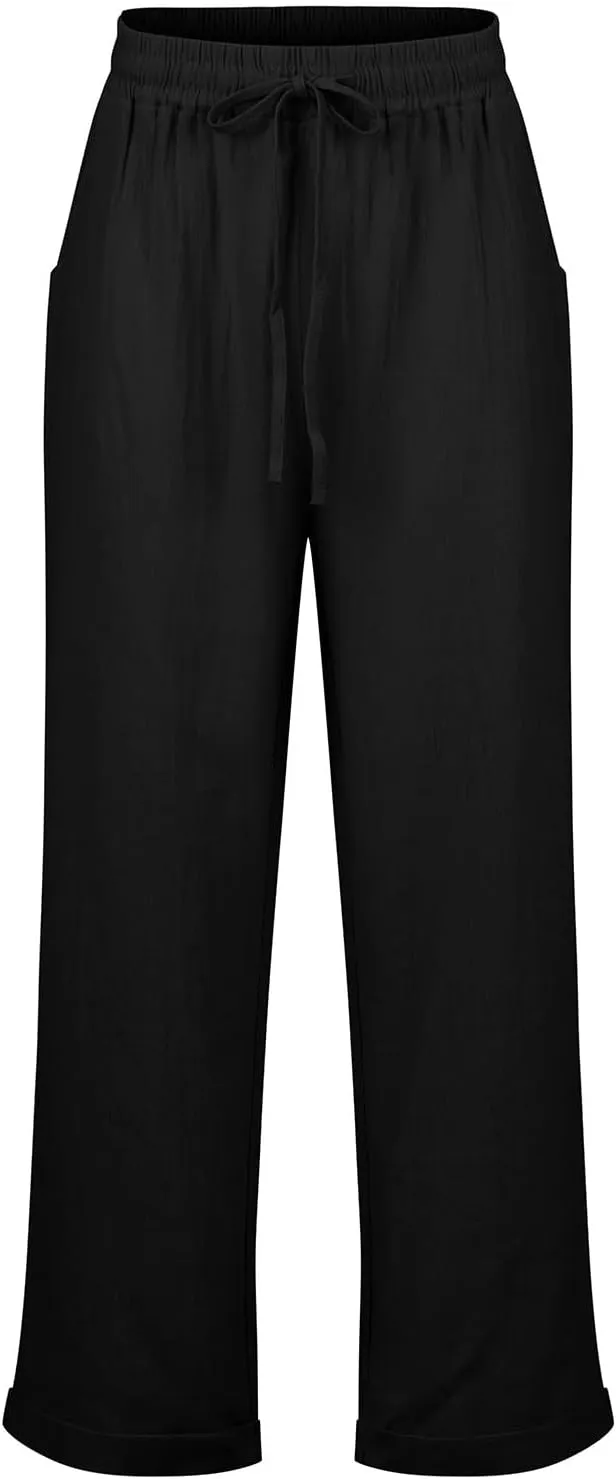 Womens Linen Cropped Pants High Waisted Summer Beach Pants Elastic Waist Tapered Pants Casual Ankle Length Trousers
