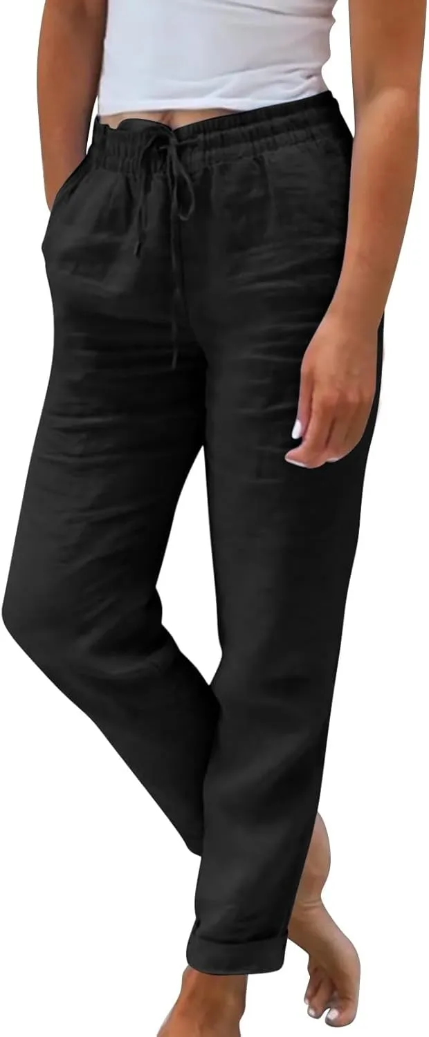Womens Linen Cropped Pants High Waisted Summer Beach Pants Elastic Waist Tapered Pants Casual Ankle Length Trousers