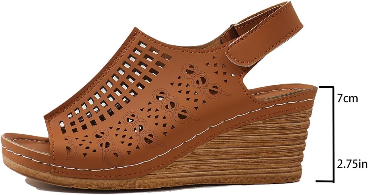 Womens Perforated Slingback Sandals Summer Open Toe Ankle Strap Wedges Sandals, Hollow Out Breathable Platform Sandal Comfortable Arch Support Sandal