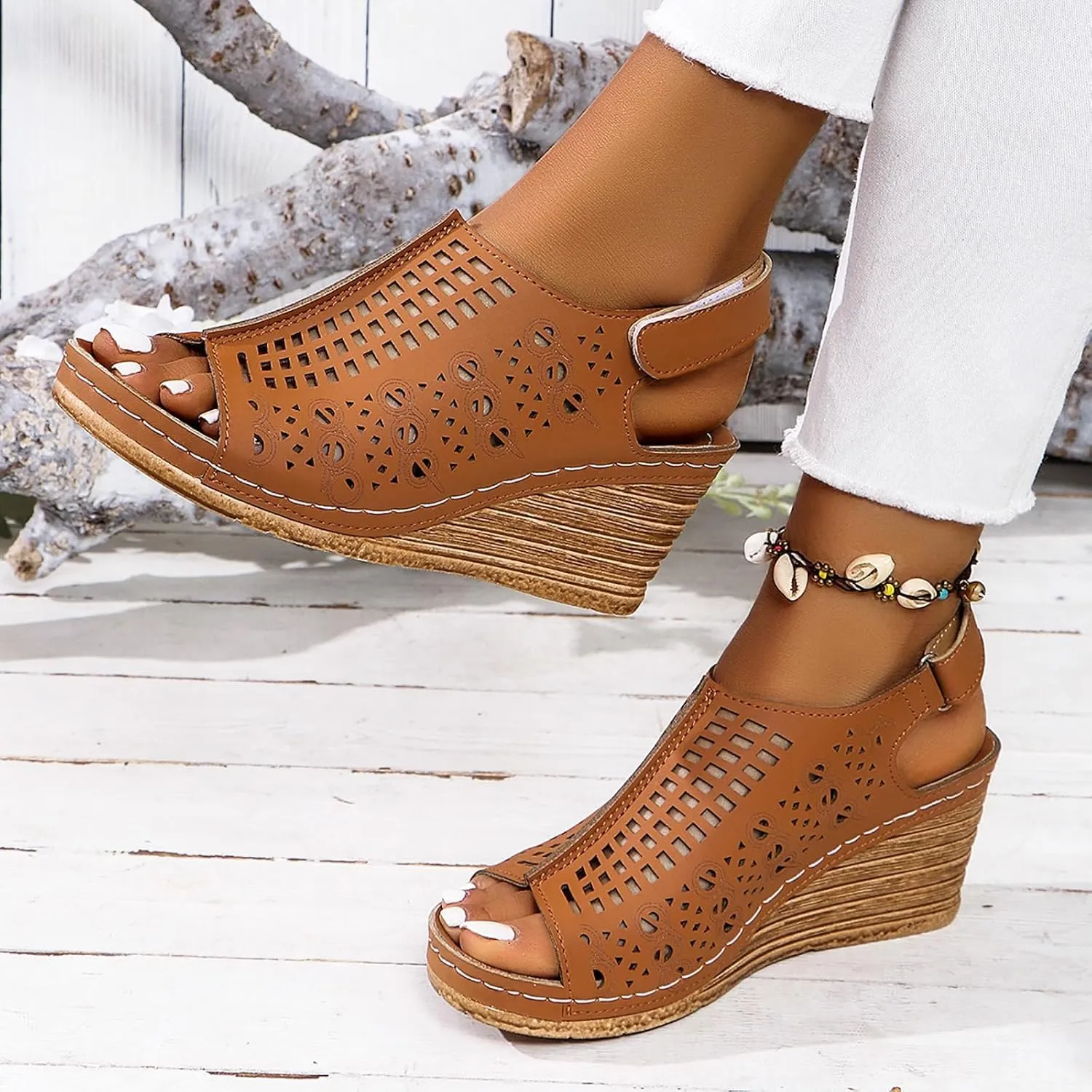 Womens Perforated Slingback Sandals Summer Open Toe Ankle Strap Wedges Sandals, Hollow Out Breathable Platform Sandal Comfortable Arch Support Sandal
