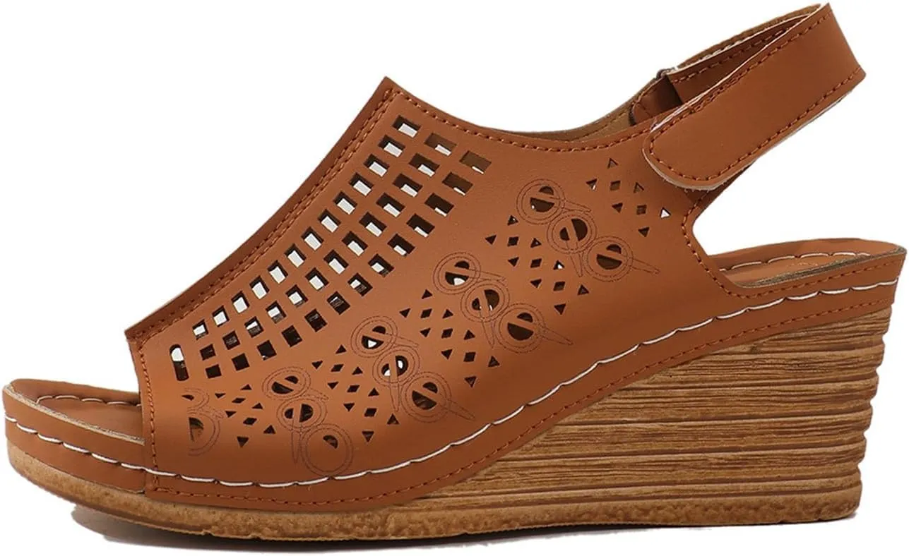 Womens Perforated Slingback Sandals Summer Open Toe Ankle Strap Wedges Sandals, Hollow Out Breathable Platform Sandal Comfortable Arch Support Sandal