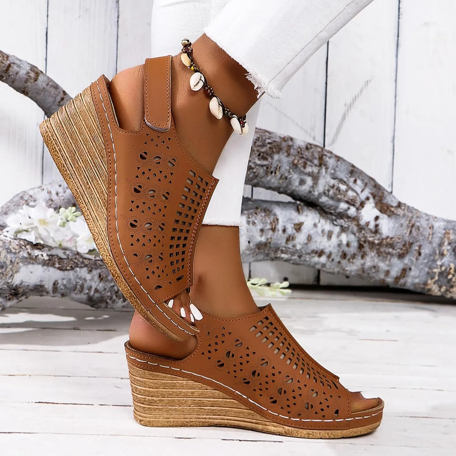 Womens Perforated Slingback Sandals Summer Open Toe Ankle Strap Wedges Sandals, Hollow Out Breathable Platform Sandal Comfortable Arch Support Sandal