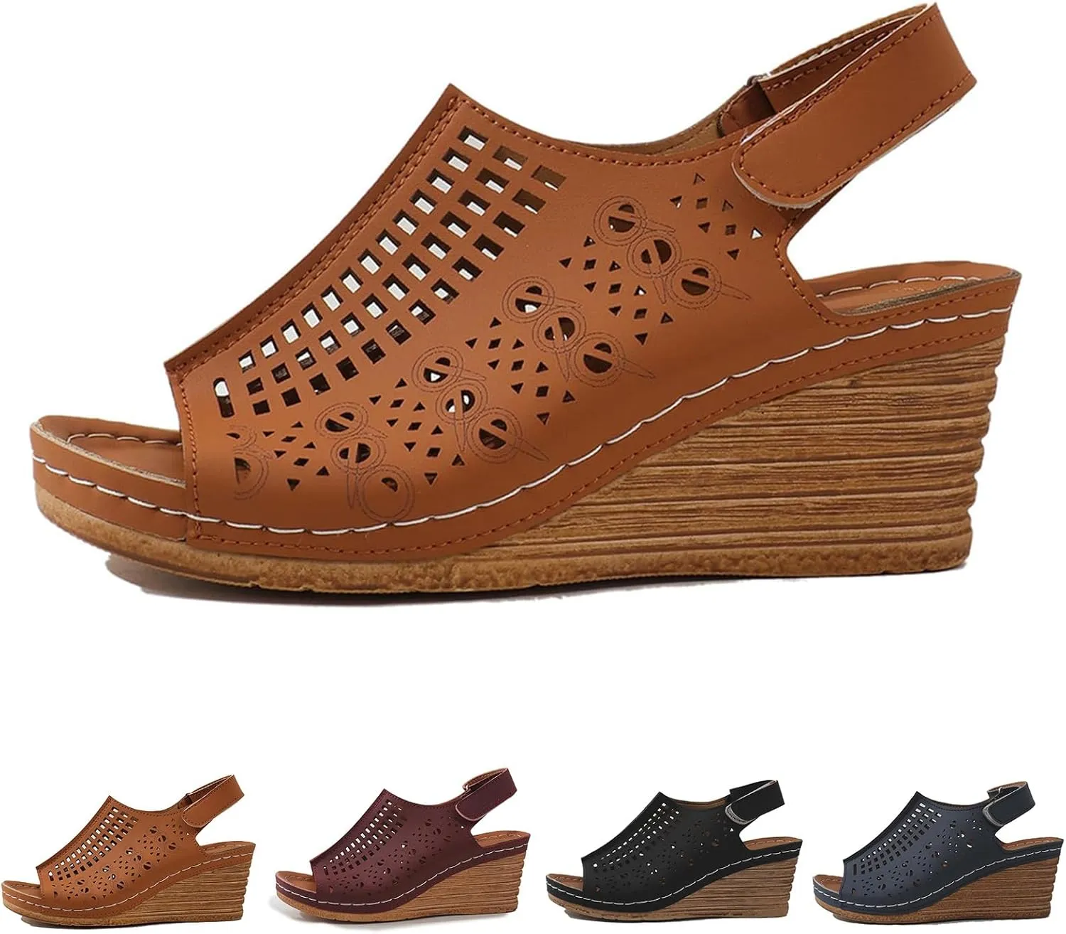 Womens Perforated Slingback Sandals Summer Open Toe Ankle Strap Wedges Sandals, Hollow Out Breathable Platform Sandal Comfortable Arch Support Sandal