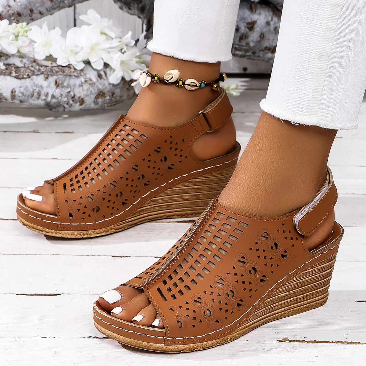 Womens Perforated Slingback Sandals Summer Open Toe Ankle Strap Wedges Sandals, Hollow Out Breathable Platform Sandal Comfortable Arch Support Sandal