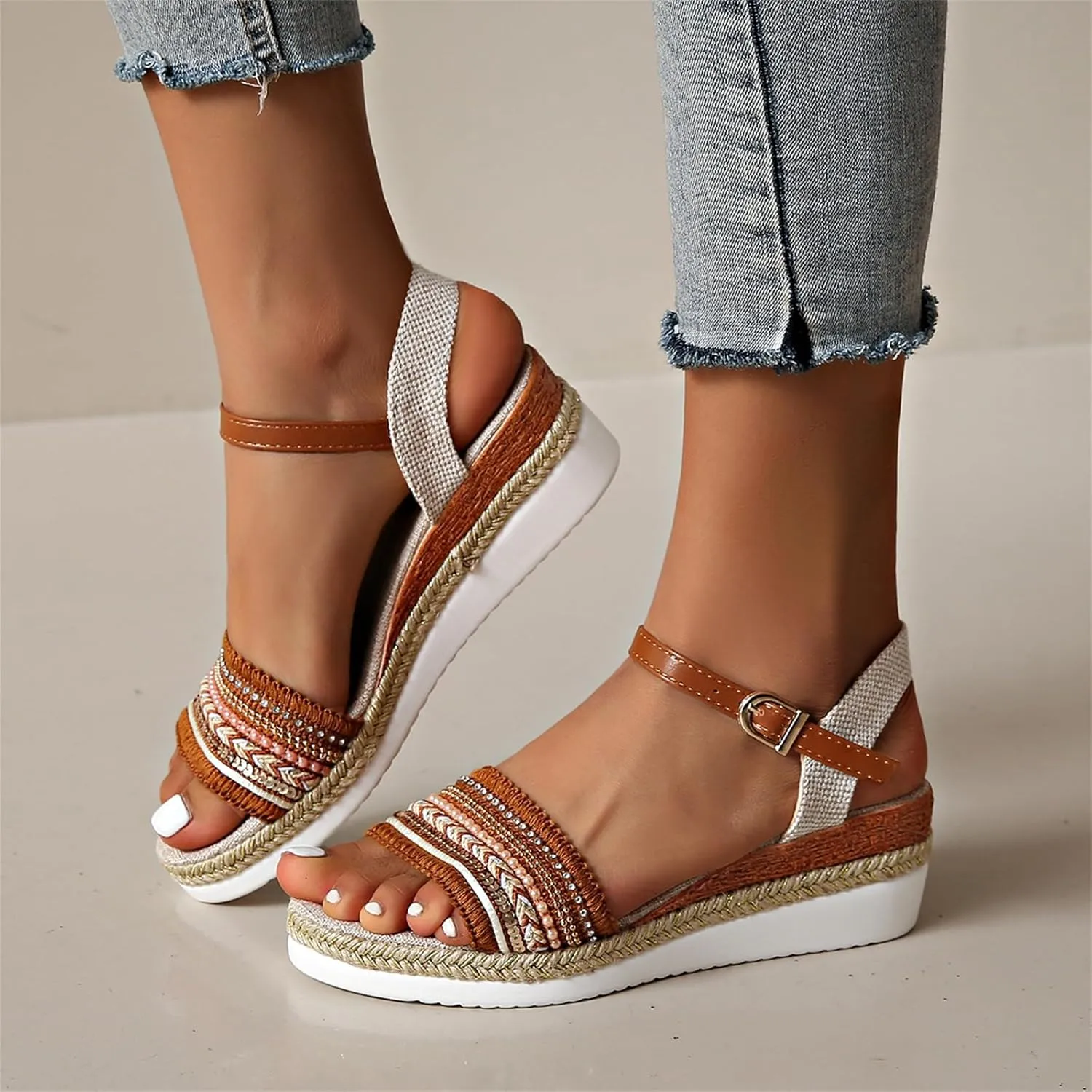 Womens Platform Espadrilles Wedge Sandals, Buckle Ankle Strap Open Toe Boho Outdoor Shoes Summer Dress Sandal Casual Walking Beach