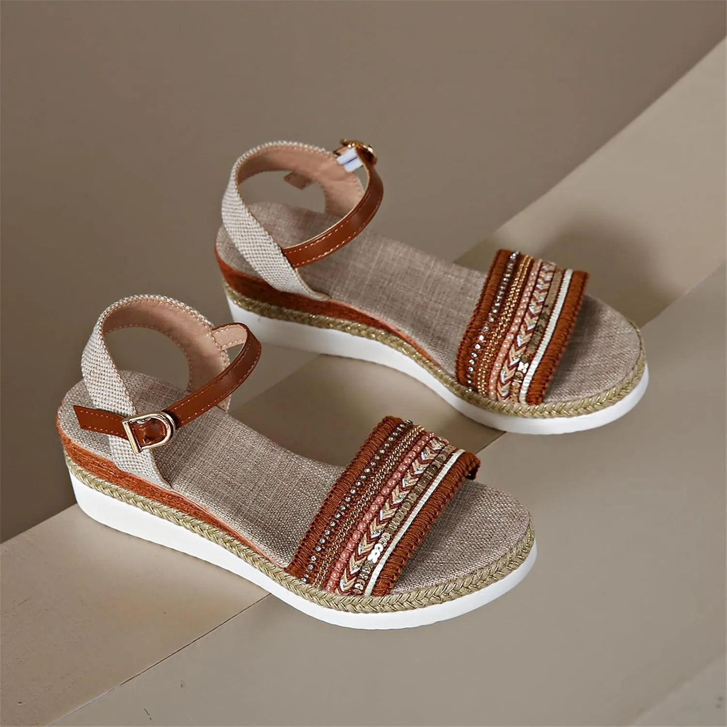 Womens Platform Espadrilles Wedge Sandals, Buckle Ankle Strap Open Toe Boho Outdoor Shoes Summer Dress Sandal Casual Walking Beach