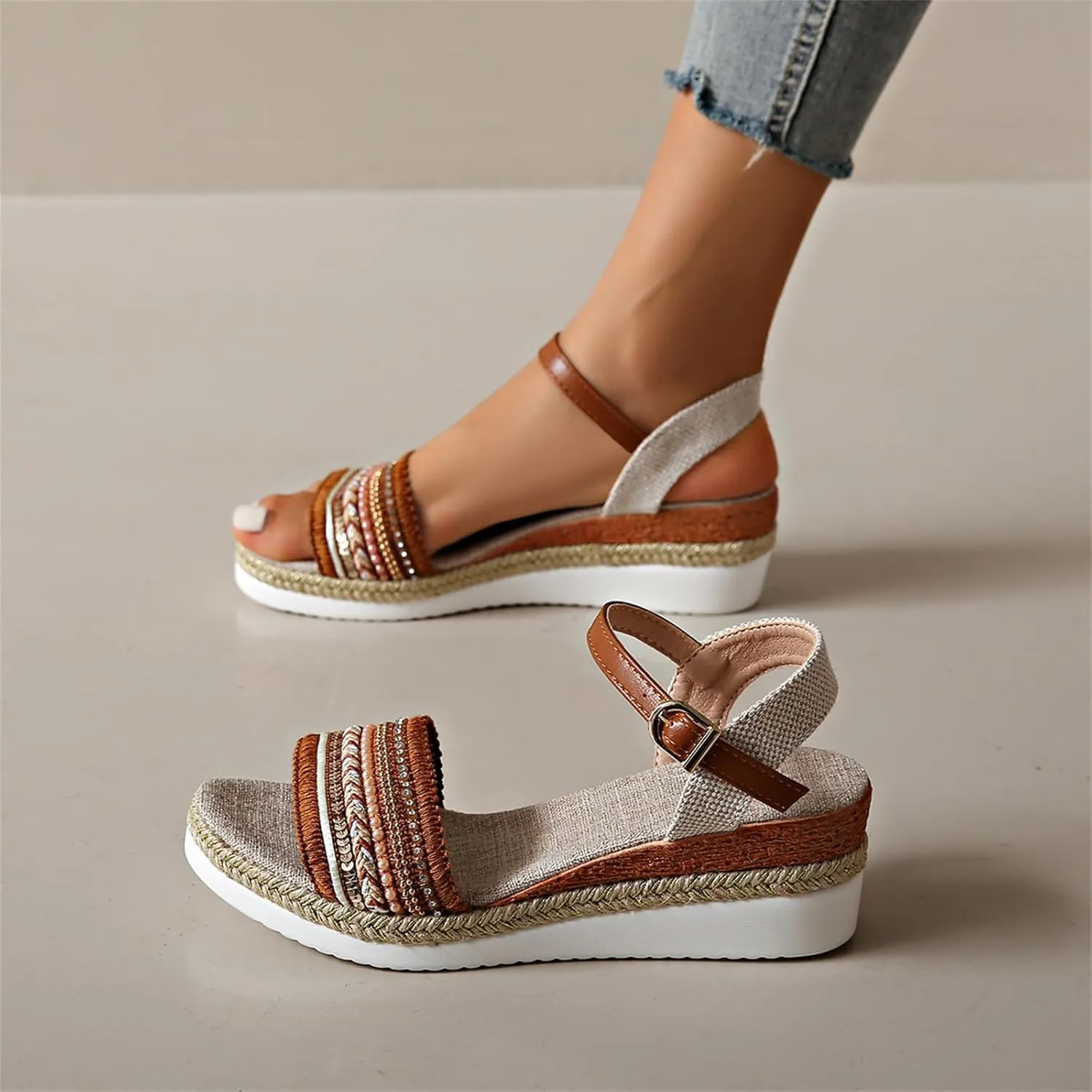 Womens Platform Espadrilles Wedge Sandals, Buckle Ankle Strap Open Toe Boho Outdoor Shoes Summer Dress Sandal Casual Walking Beach