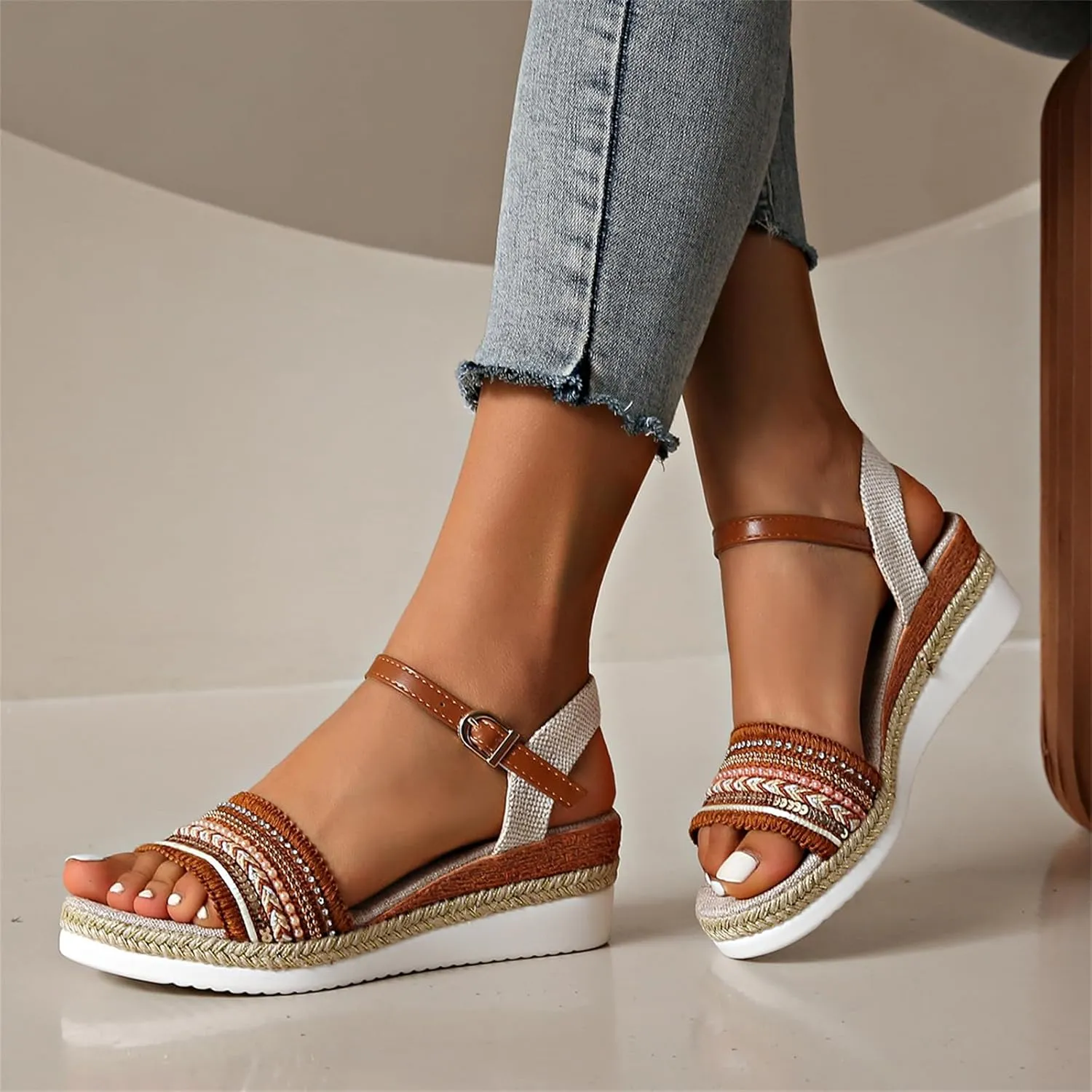 Womens Platform Espadrilles Wedge Sandals, Buckle Ankle Strap Open Toe Boho Outdoor Shoes Summer Dress Sandal Casual Walking Beach