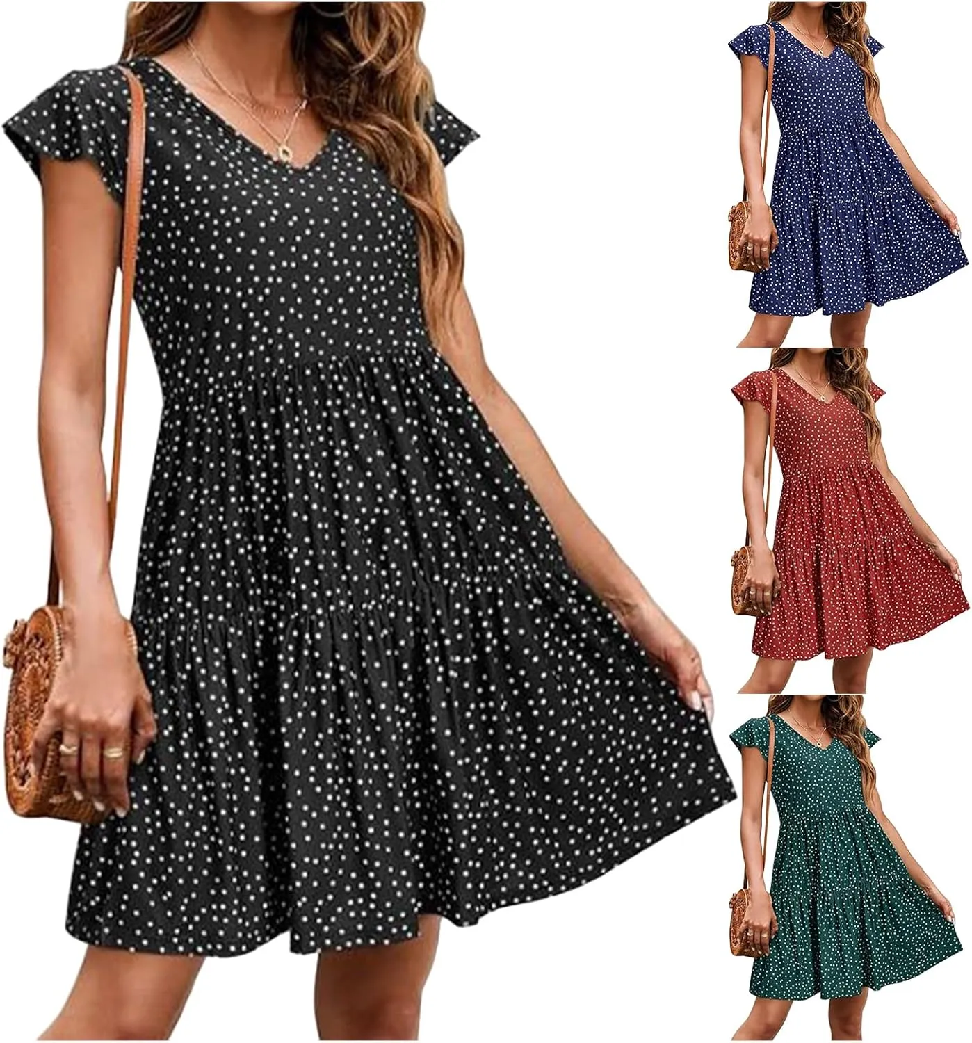 Womens Polka dot Dress Summer Casual Boho Floral V Neck Mini Dress Ruffle Short Sleeve Flowy Swing Dresses