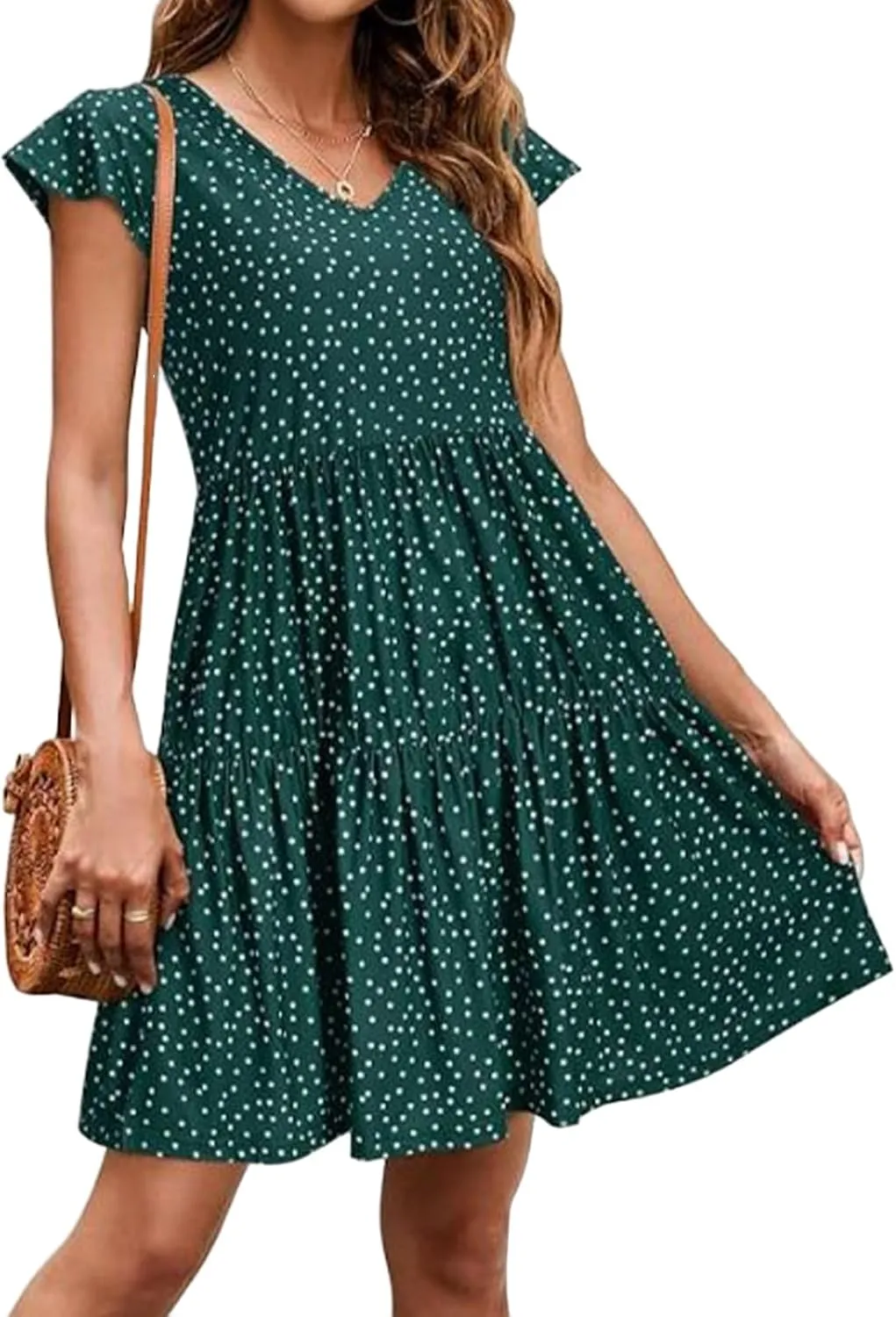 Womens Polka dot Dress Summer Casual Boho Floral V Neck Mini Dress Ruffle Short Sleeve Flowy Swing Dresses