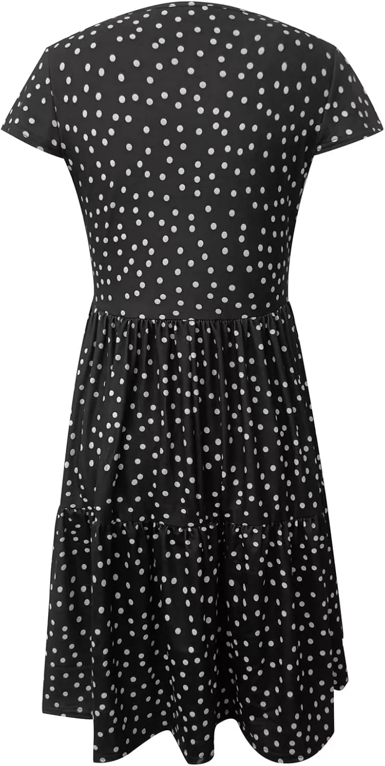 Womens Polka dot Dress Summer Casual Boho Floral V Neck Mini Dress Ruffle Short Sleeve Flowy Swing Dresses