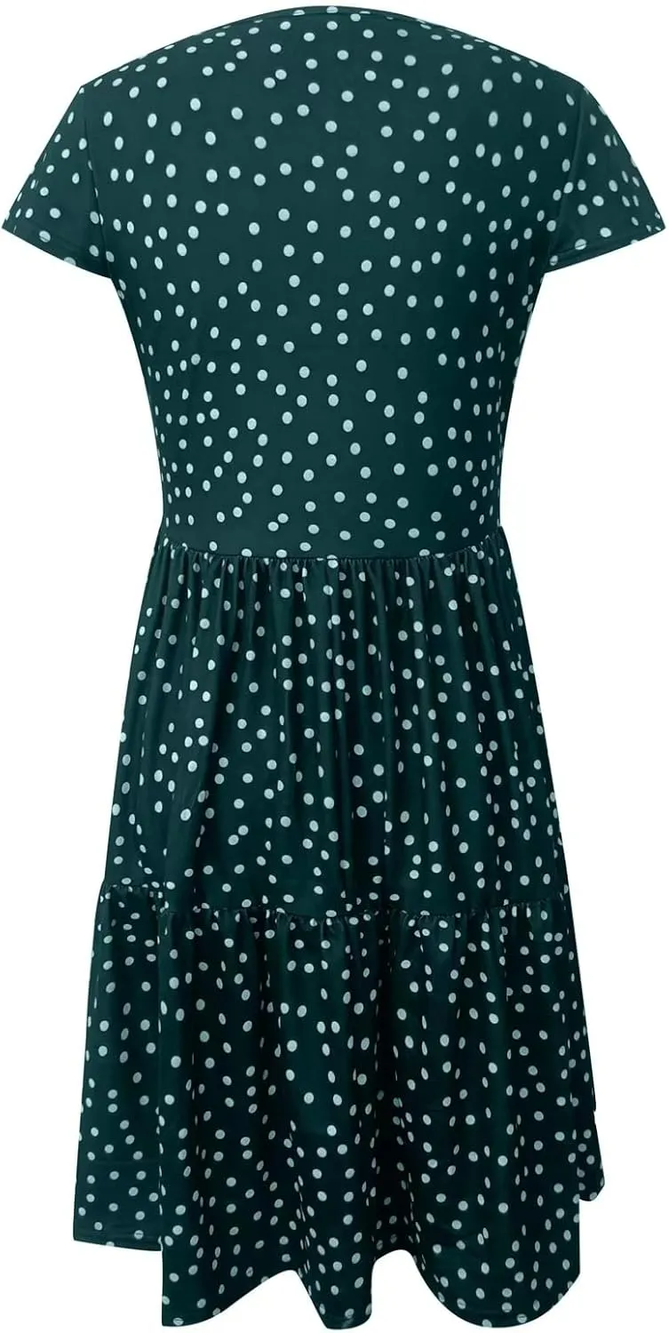 Womens Polka dot Dress Summer Casual Boho Floral V Neck Mini Dress Ruffle Short Sleeve Flowy Swing Dresses