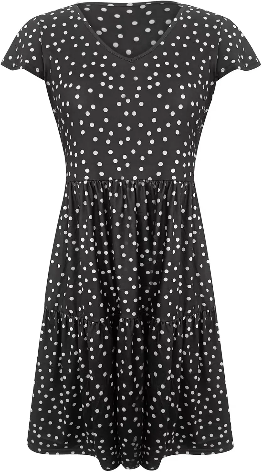 Womens Polka dot Dress Summer Casual Boho Floral V Neck Mini Dress Ruffle Short Sleeve Flowy Swing Dresses