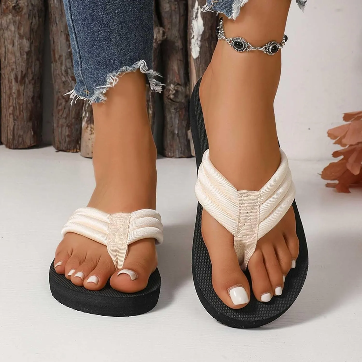 Womens Slippers Fashion Summer Flip Flops Casual Rhinestone Bow Sandals Soft Sole Dressy Sandals