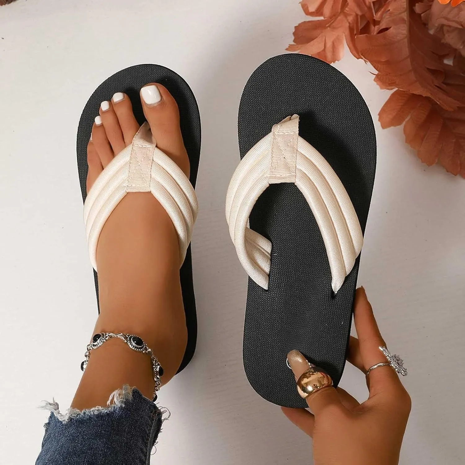Womens Slippers Fashion Summer Flip Flops Casual Rhinestone Bow Sandals Soft Sole Dressy Sandals