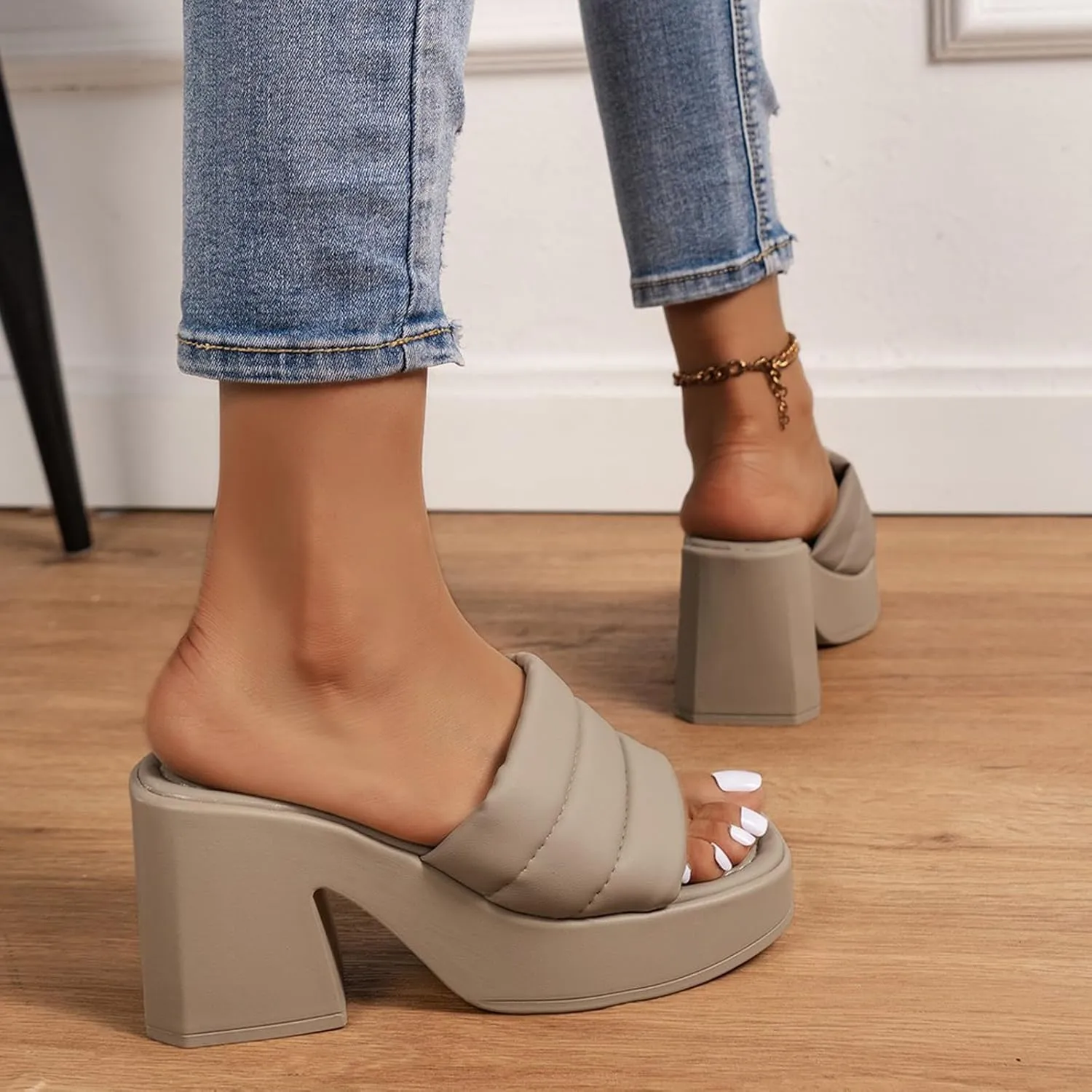 Women's Solid Thick Sole Sandal Faux Leather Square Toe Slipper Open Summer Spring Slide Trendy Elegant High Heel