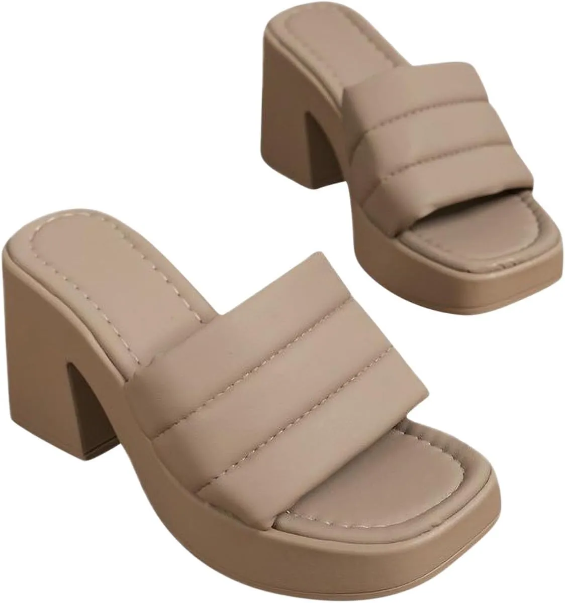 Women's Solid Thick Sole Sandal Faux Leather Square Toe Slipper Open Summer Spring Slide Trendy Elegant High Heel