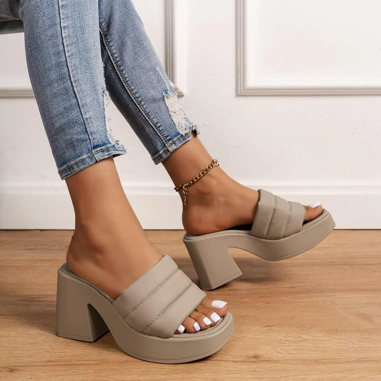 Women's Solid Thick Sole Sandal Faux Leather Square Toe Slipper Open Summer Spring Slide Trendy Elegant High Heel