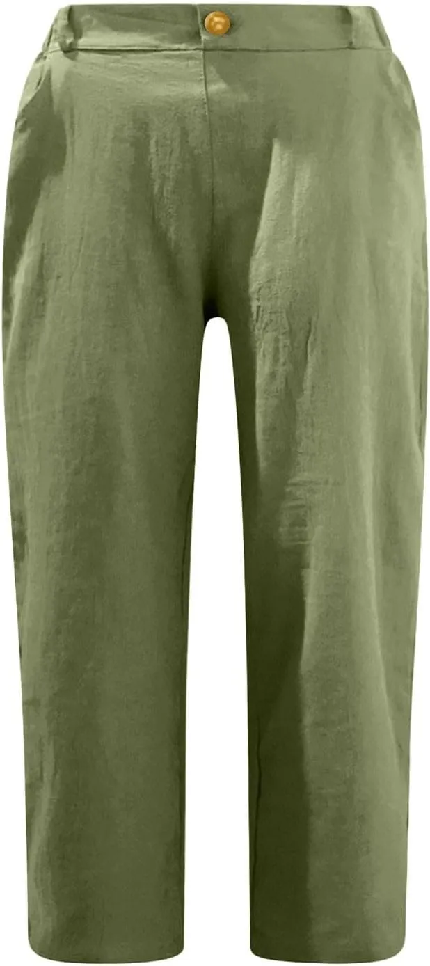 Women's Summer Capri Pants 2025 Trendy Cotton Linen Straight Leg Cropped Trousers High Waist Casual Pant with Pockets