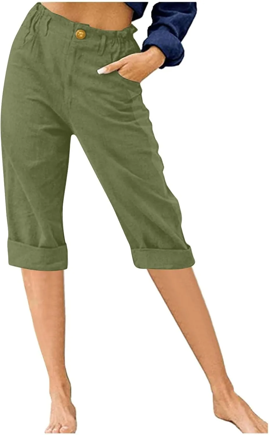 Women's Summer Capri Pants 2025 Trendy Cotton Linen Straight Leg Cropped Trousers High Waist Casual Pant with Pockets