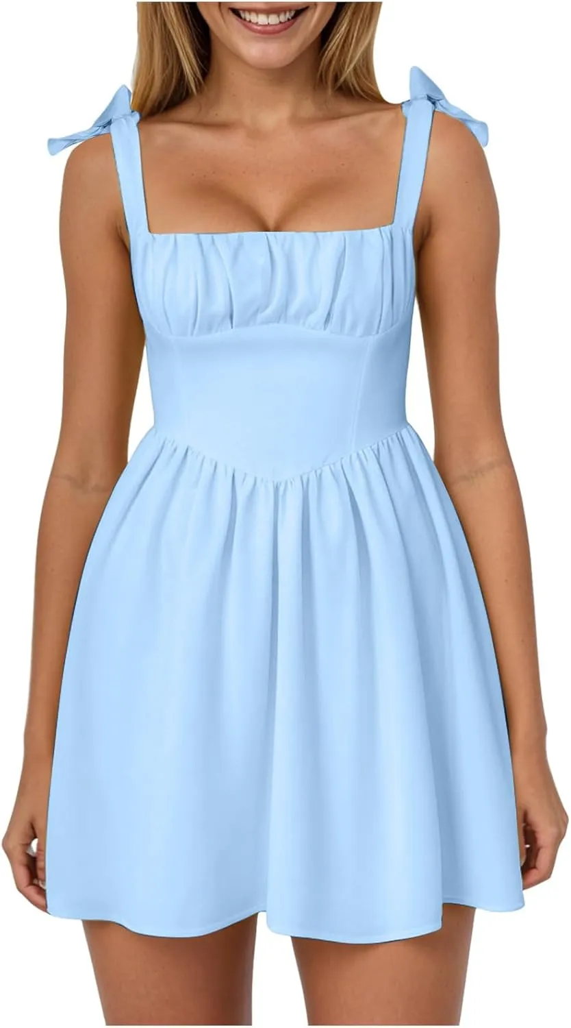 Women's Summer Casual Square Neck Dress Sleeveless High Waist A-line Midi Dresses