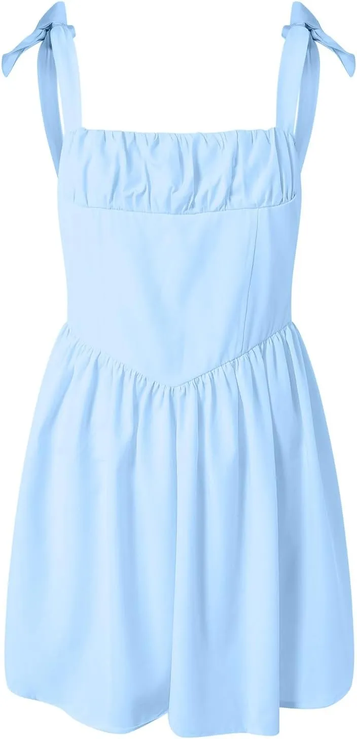 Women's Summer Casual Square Neck Dress Sleeveless High Waist A-line Midi Dresses