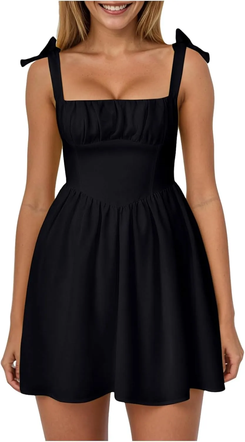 Women's Summer Casual Square Neck Dress Sleeveless High Waist A-line Midi Dresses