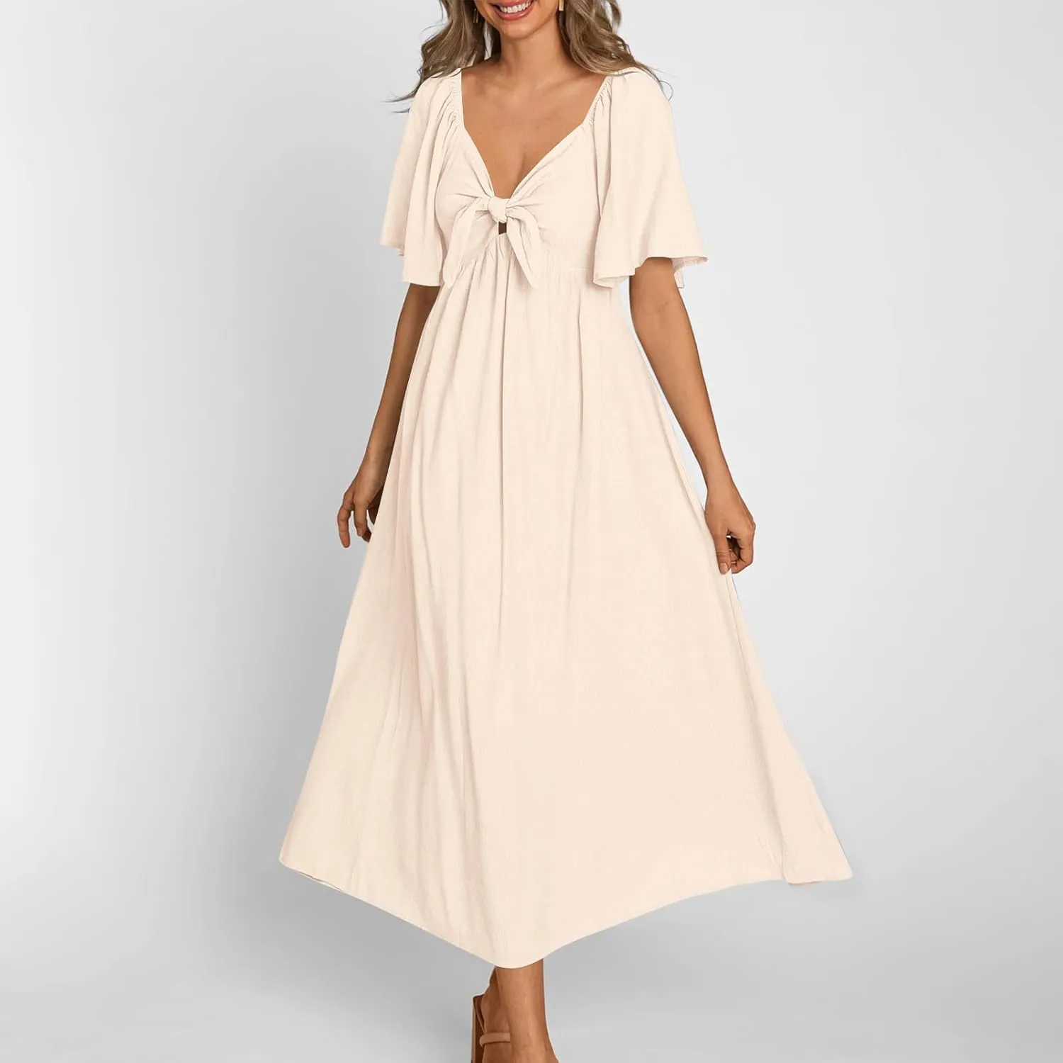 Women's Summer Long Dresses Casual Short Sleeve Flowy Swing Boho Dresses Deep V Neck Elegant Bow tie Beach Dress