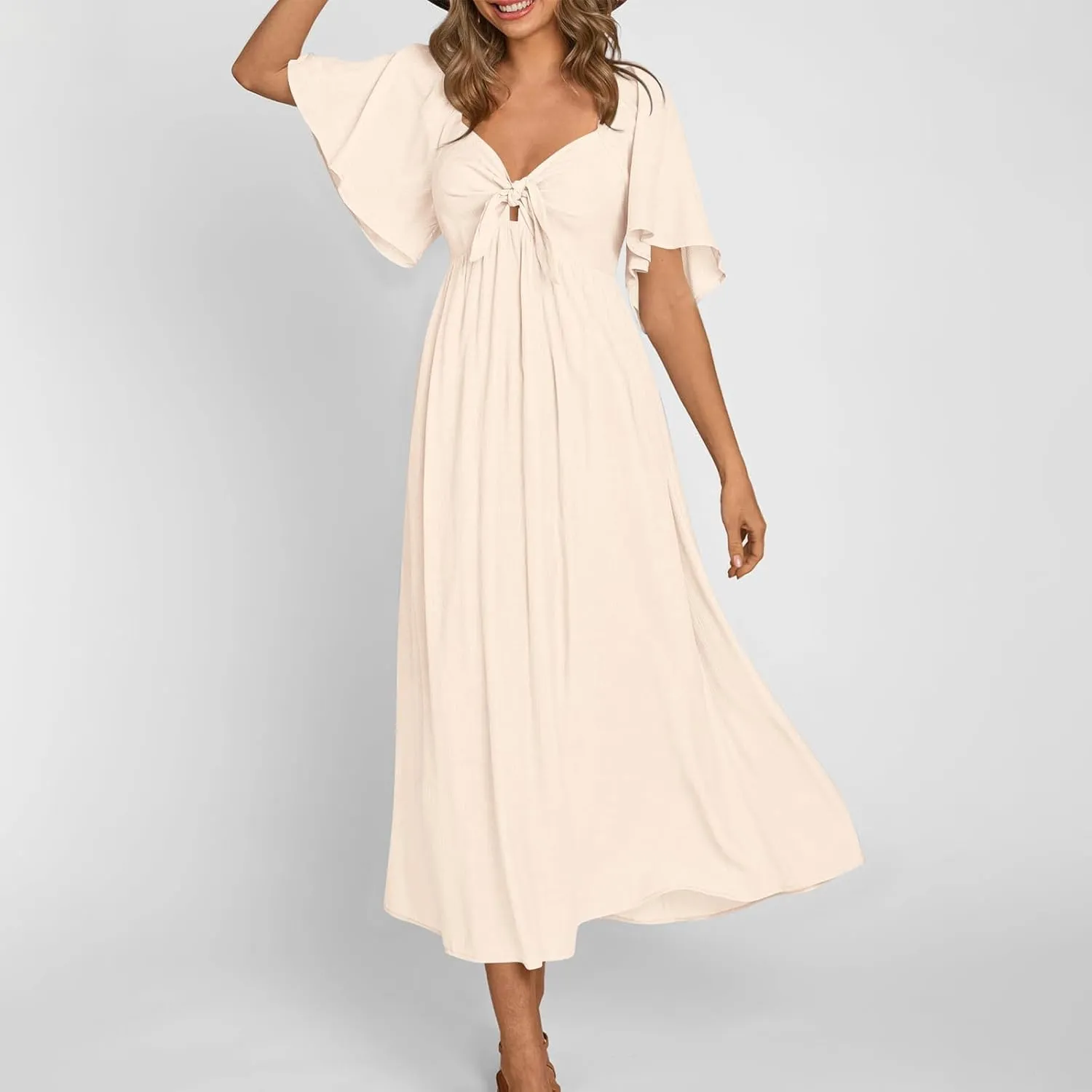 Women's Summer Long Dresses Casual Short Sleeve Flowy Swing Boho Dresses Deep V Neck Elegant Bow tie Beach Dress