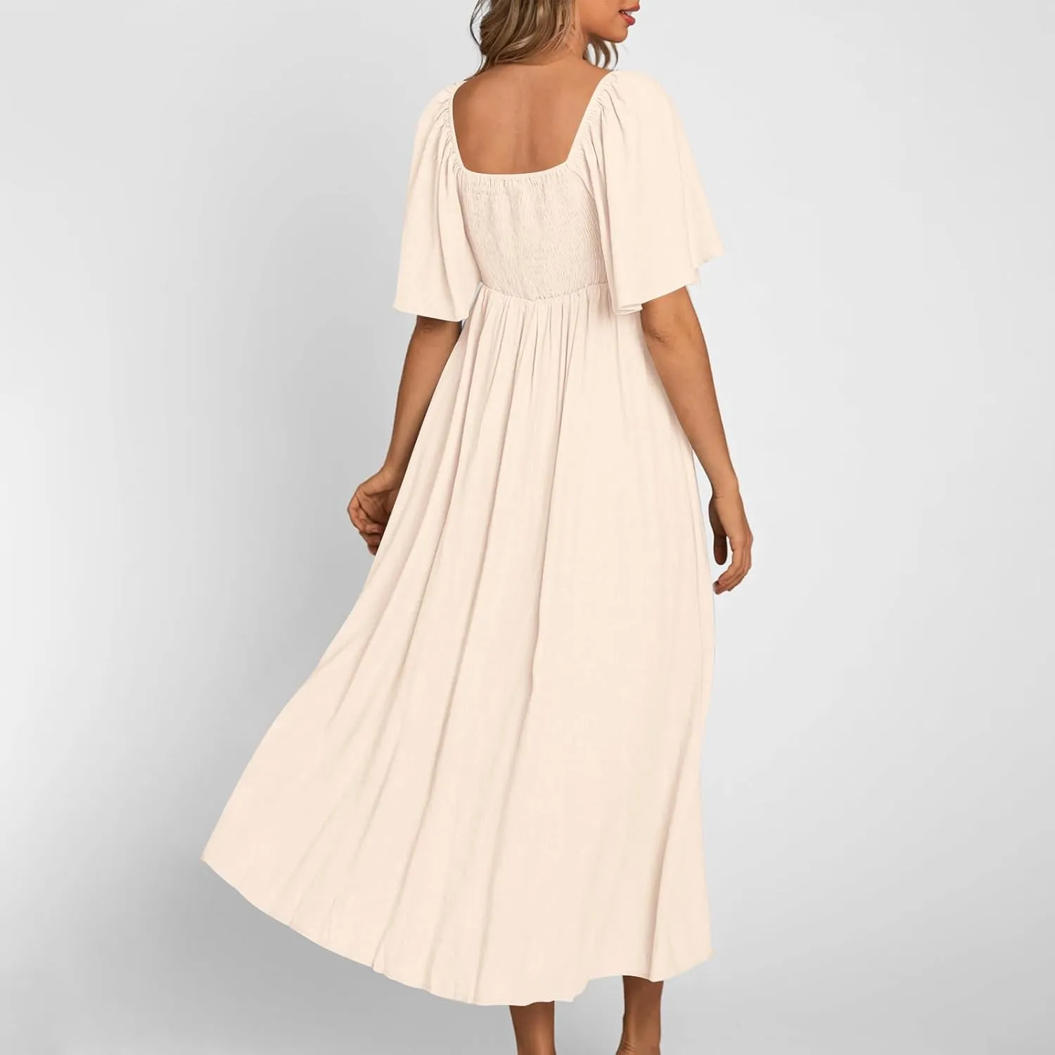 Women's Summer Long Dresses Casual Short Sleeve Flowy Swing Boho Dresses Deep V Neck Elegant Bow tie Beach Dress