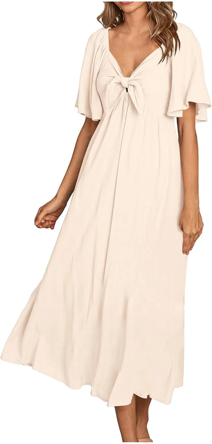 Women's Summer Long Dresses Casual Short Sleeve Flowy Swing Boho Dresses Deep V Neck Elegant Bow tie Beach Dress